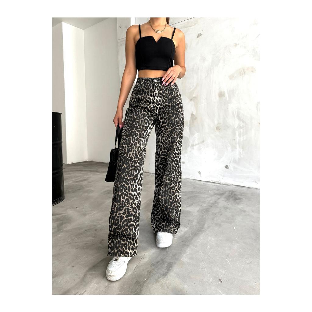 Women's Leopard Patterned High Waist Wide Leg Lycra Palazzo Pants