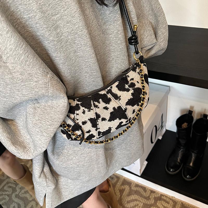 Versatile Cow Pattern Bag Women's New Fashion Trend Splicing Horn Bag Simple Canvas Messenger Bag CLE