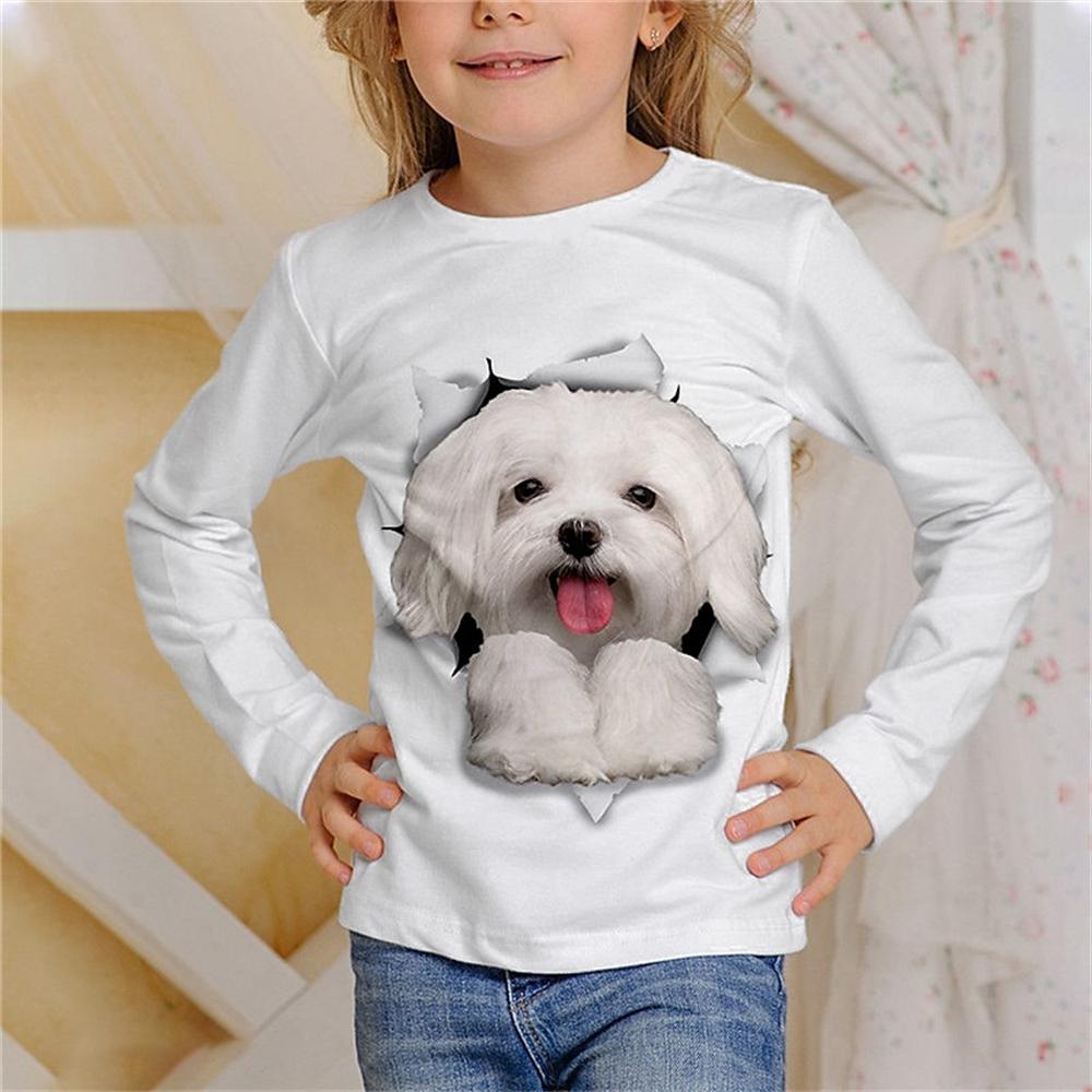Girl Clothes Casual 3D Cat Graphic T Shirts Long Sleeve Tshirts Round Neck White T-Shirt Fashion Tops Outdoor Clothing for Girls