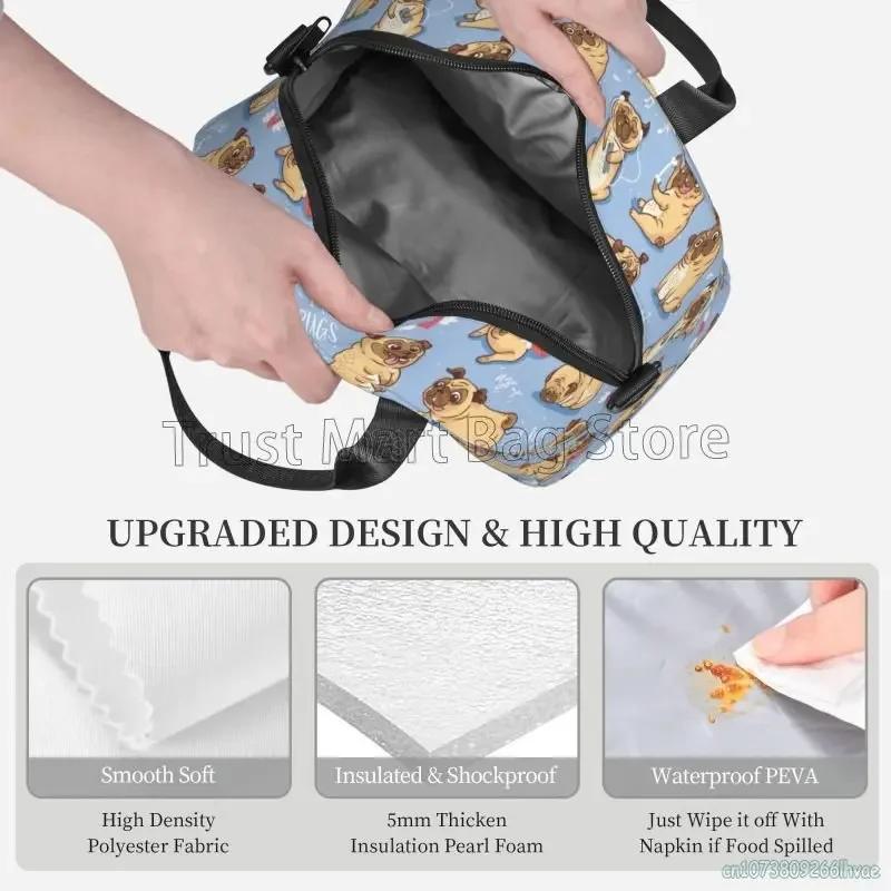 Cute Pug Dog Insulated Lunch Bag for Women Kids Thermal Lunch Box Portable Cooler Tote Bags for School Work Picnic Beach Travel