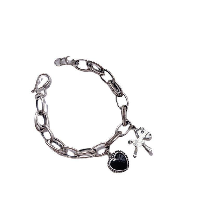 Модный ретро-браслет с подвесками в виде лошади, пики и сердца - толстая тайская серебряная цепочка для стиля знаменитости