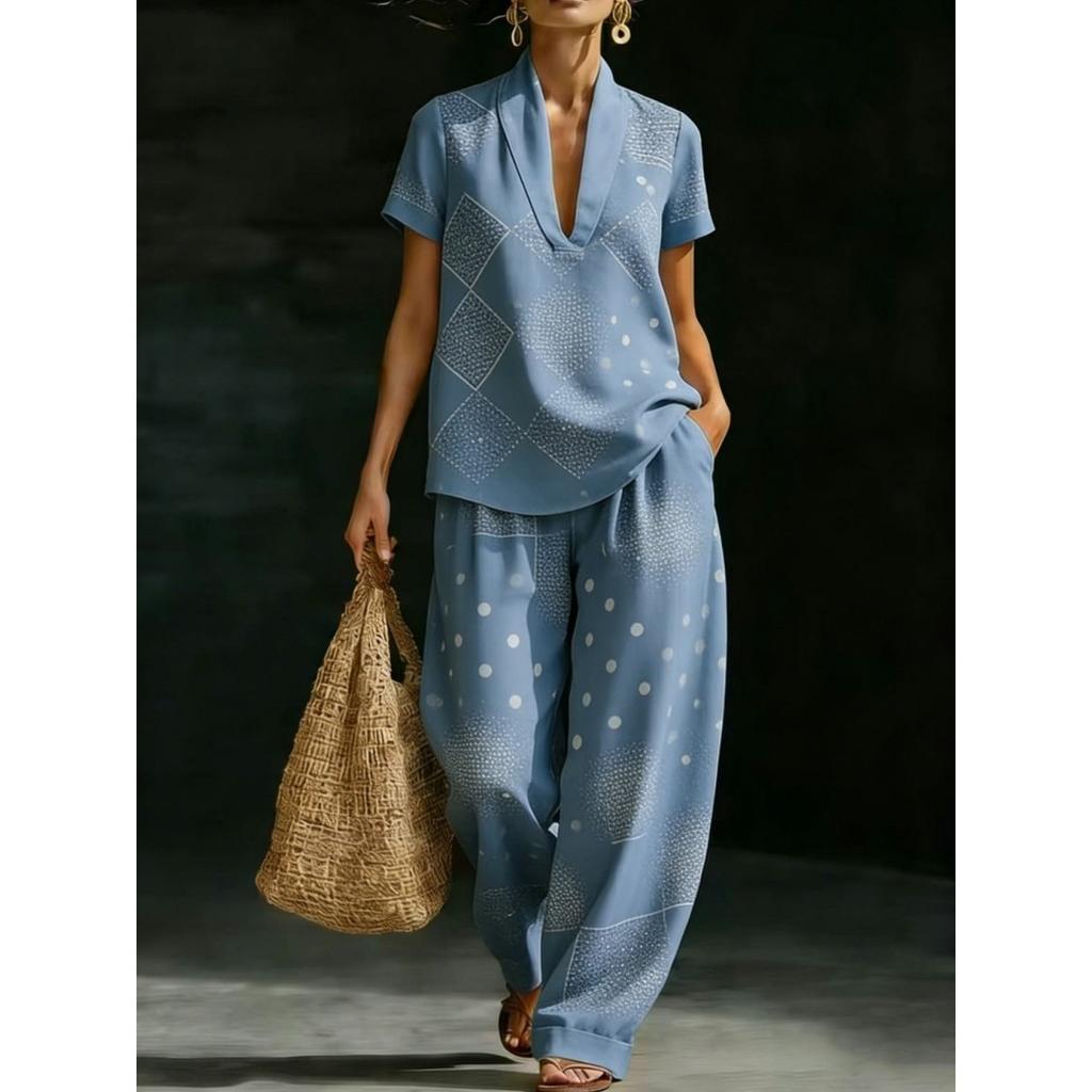 TEMU Hot Sale Women's V-Neck Pullover Short Sleeve Pants Set India Two-piece Set 1D Digital Printing