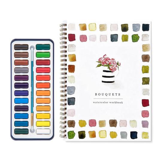Yousheng Watercolor Workbook 24 Colors Watercolor Painting Set with Brushes Spiral-Bound Water Coloring Book Art Craft Gifts for Beginners
