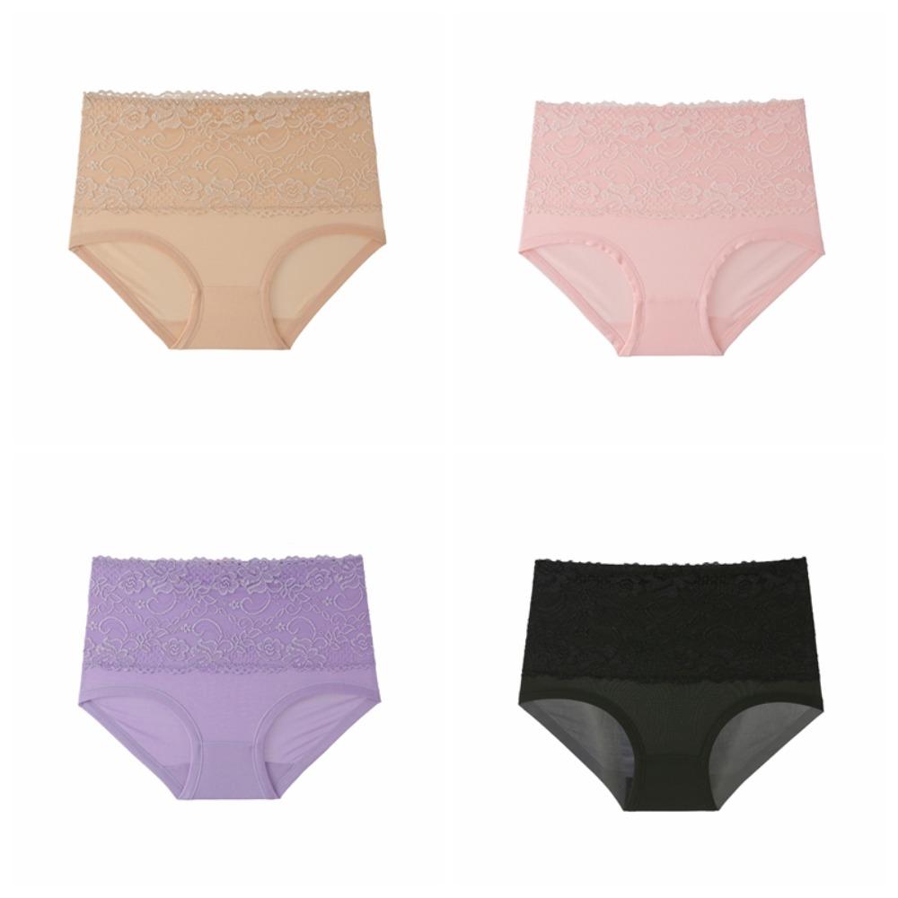 4Pcs Large Size Lace Flower Briefs Mid Waist Underwear for Women Seamless Panties Ladies