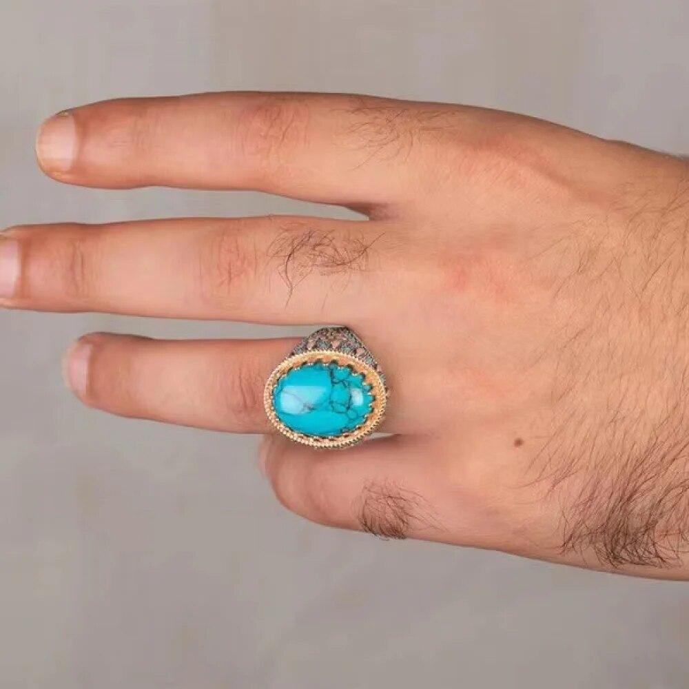 Handmade Turkish Jewelry Big Oval Natural Turquoise Stone Rings For Men Retro Green Red Blue Zircon Wedding Rings For Women