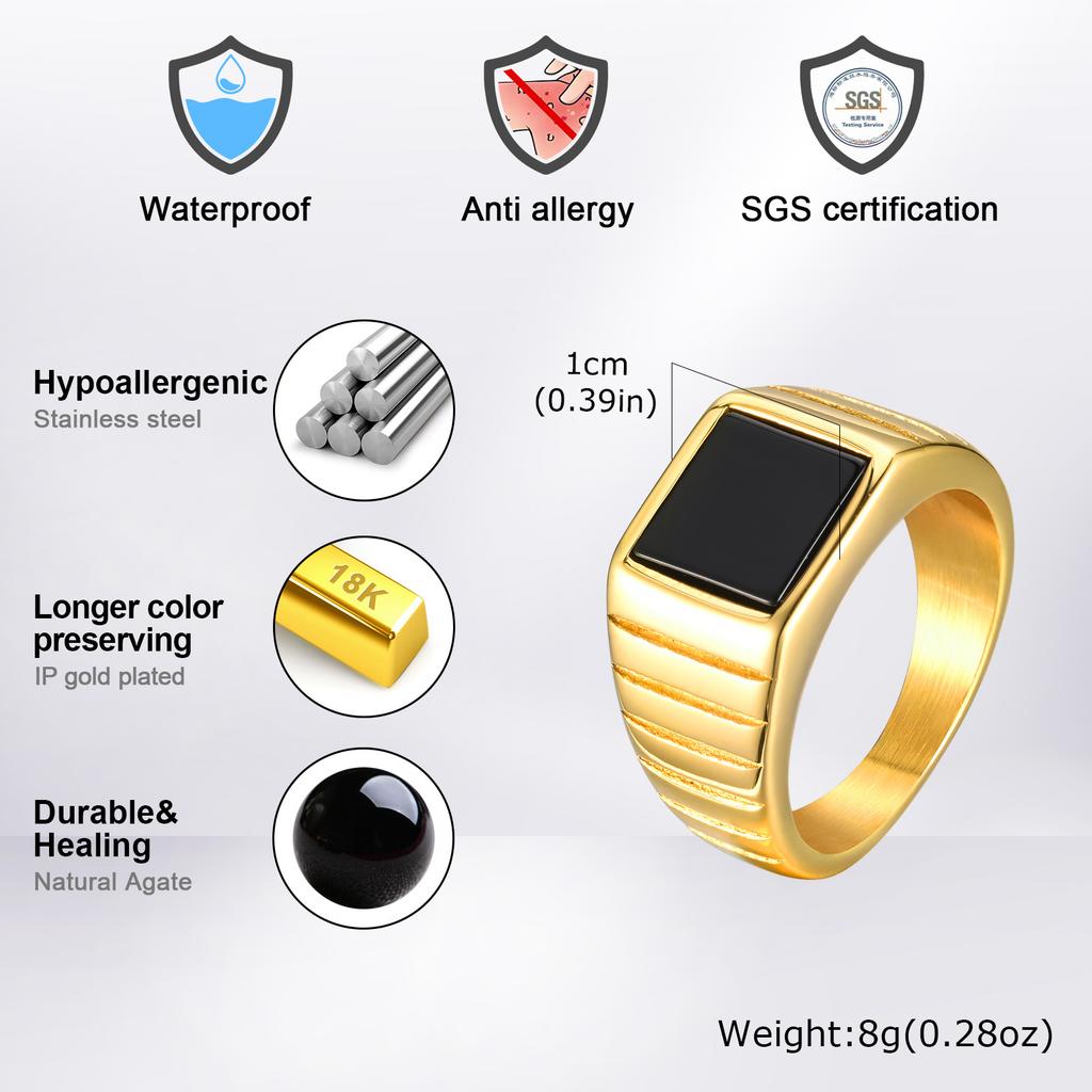Vnox 10 мм кольцо-печатка для мужчин и женщин, черное квадратное кольцо с верхом из оникса, позолоченное унисекс кольцо из нержавеющей стали, эффектное украшение