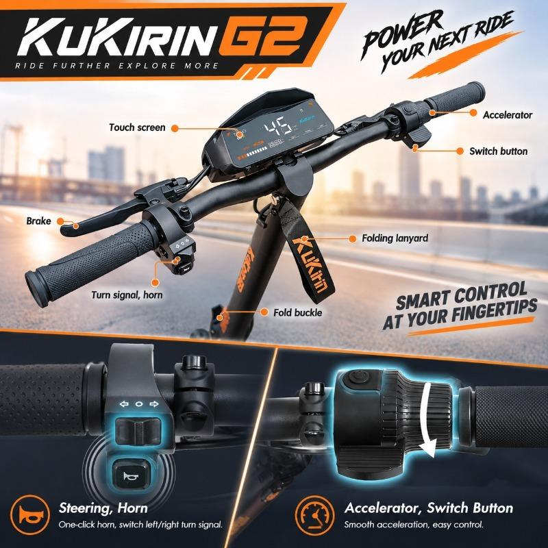 KUKIRIN G2 800W Electric Scooter, 45km/h, 55km Range, 48V 15.6Ah Battery, 10" Tubeless All-Terrain Tires, Foldable E-Scooter