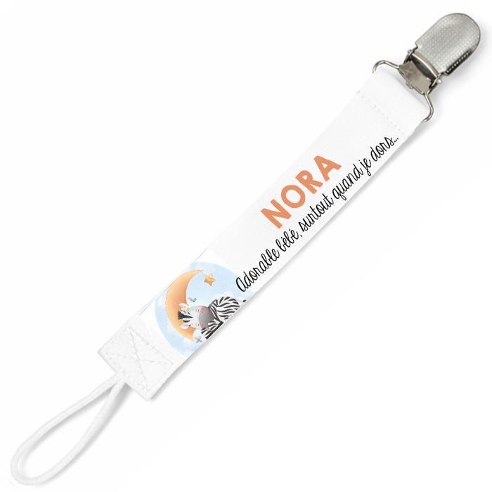 Planetee Attache tétine pour prénom NORA adorable bébé surtout quand je dors Zèbre | Attache sucette cadeau naissance