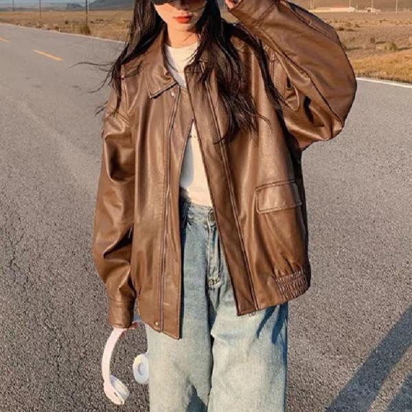 Женская винтажная куртка из искусственной кожи, уличная свободная ретро-куртка для мотоциклистов, женское пальто из искусственной кожи, осень