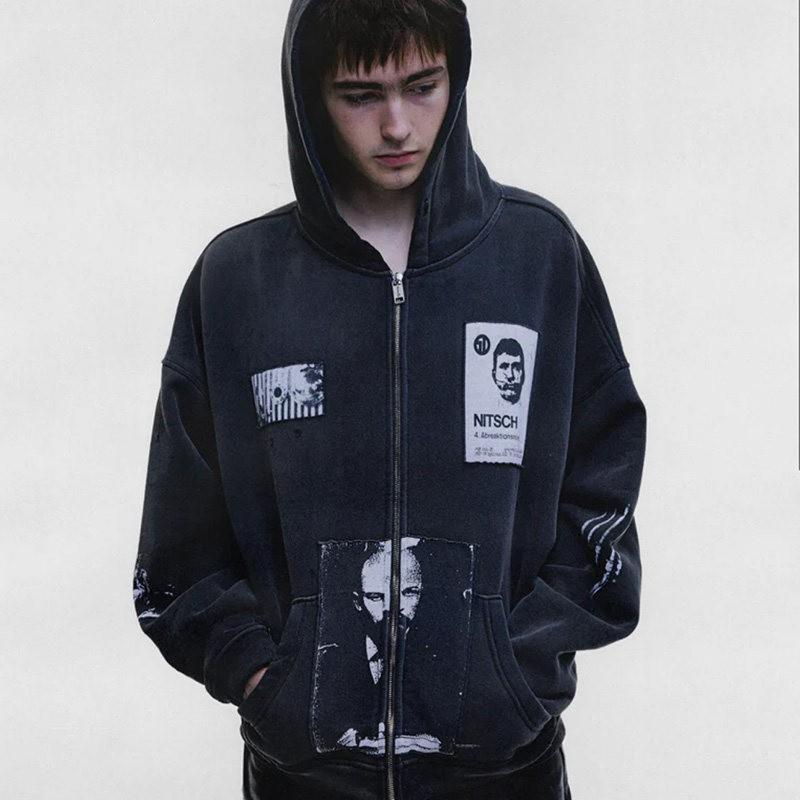 Unisex Oversized Hooded Sweatshirt With Vintage Washed Print Cotton Blend Fall Streetwear