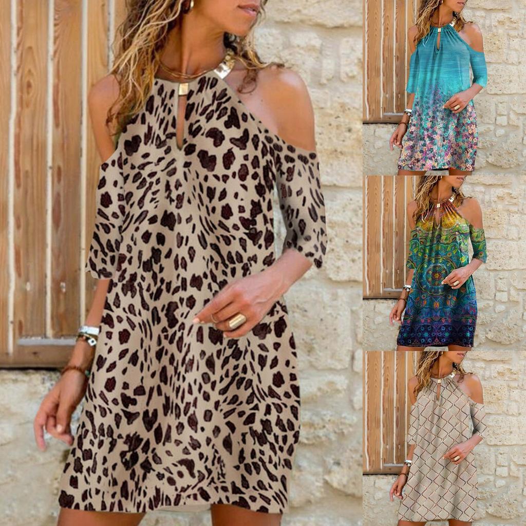 Модное женское летнее повседневное металлическое платье без бретелек с подвесным воротником и принтом