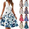Women's Spring And Summer Casual V-Neck Sleeveless Waist Floral Print Midi Dress