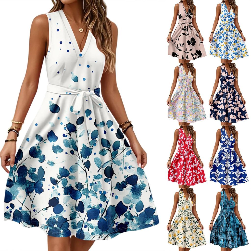 Women's Spring And Summer Casual V-Neck Sleeveless Waist Floral Print Midi Dress