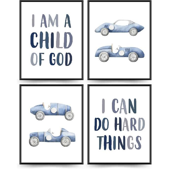ETVISO Toddler Boy Room Decor Set of 4, Kids Wall Art pirational Bible Verse Wall Decor, Tool Car Poster for Baby Boys Kids Room Bedroom Playroom
