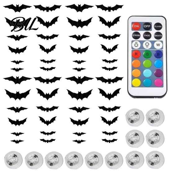 Realistic 3D Bat Ornaments 48Pcs Halloween Bats Wall Decor, LED Light Up Bats, 12 Lights with Remote, Adhesive Stickers 6 Sizes for Indoor Window Door