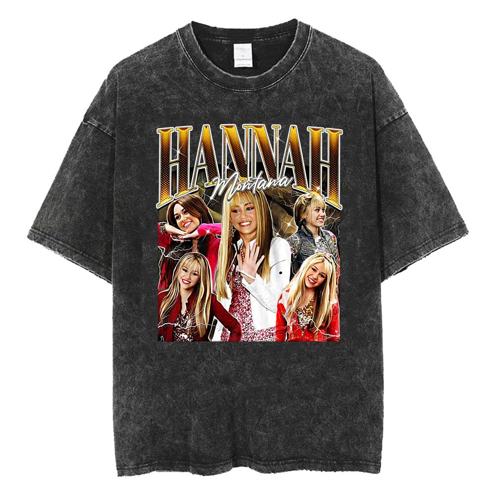 Miley Cyrus Hannah Montana Logo T Shirt Men Women Summer Casual Vintage Washed T Shirts Unisex Fashion Aesthetic Hip Hop T-shirt
