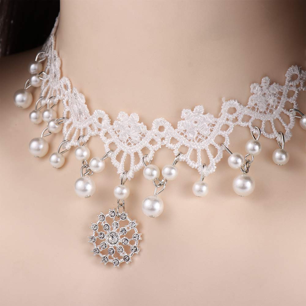Fashion New Lady Gothic Jewelry Gift Lace Multilayer Collar White Beads Choker Necklace
