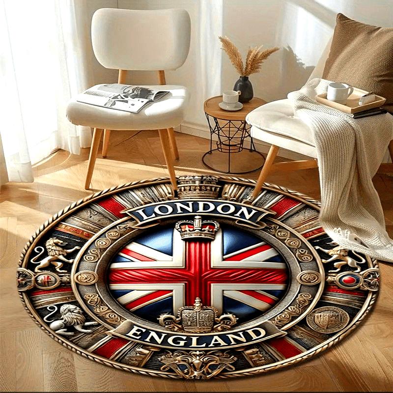 Круглый ковер Union Jack – Матовый полиэстер из хрустального бархата для гостиной, спальни и балкона – Декор для дома в британском стиле