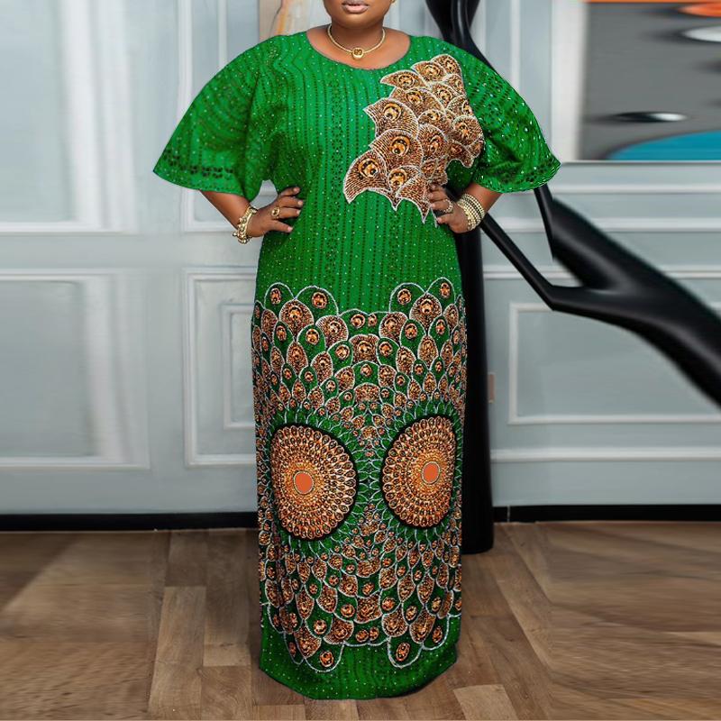 Женские платья больших размеров с круглым вырезом и рукавами средней длины с принтом