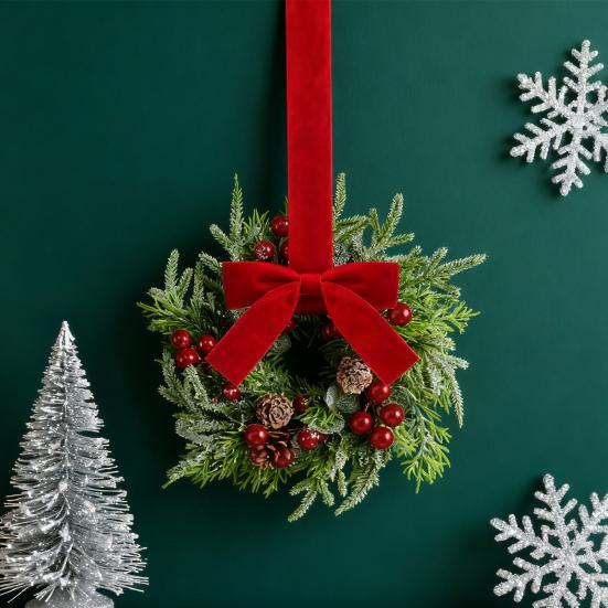 Christmas Mini Cabinet Wreaths Artificial Norfolk Pine Wreath with Ribbon Bows Red Berry Pinecones Small Kitchen Wreath for Window Door Wall Decor
