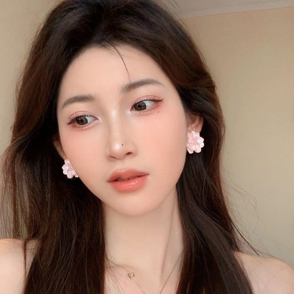 Элегантные серьги-капли с розовыми цветами, акриловые серьги-гвоздики с жемчугом и цветком, весна и лето