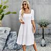 Сплошной цвет с квадратным вырезом женское летнее элегантное длинное платье с коротким рукавом и вырезом
