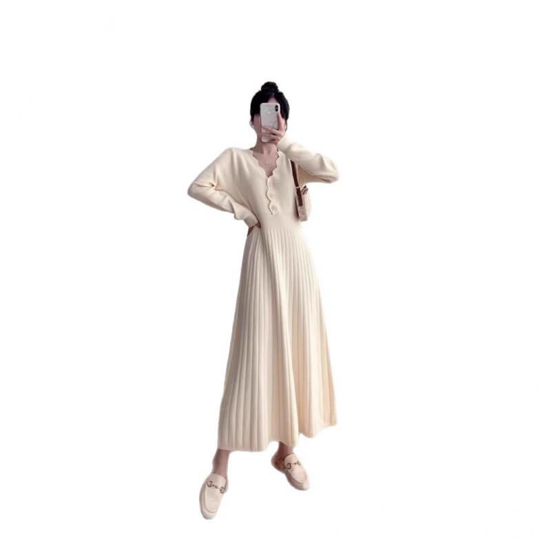 Elegant V-Neck Knit Midi Dress Women Winter High Waist Slim Fit Solid Color Long Sleeve
