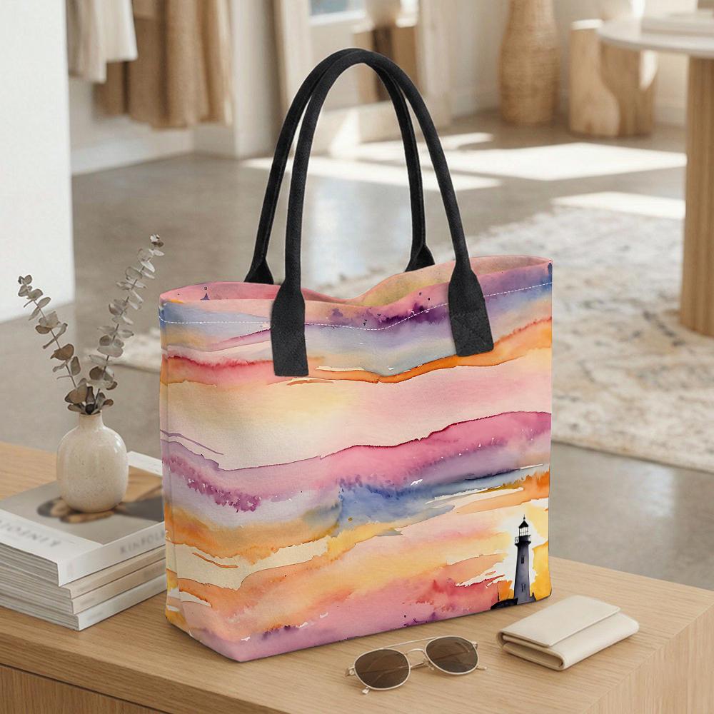 Watercolor Lighthouse Print Large Tote Bag for Daily Shopping Travel Shoulder Handbag