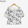 ZANZEA Women Lace Splice Square Collar Summer Short Sleeve Floral Blouse