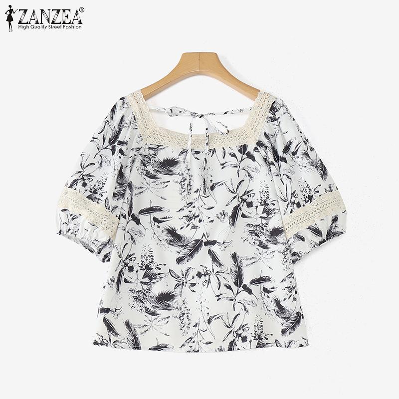 ZANZEA Women Lace Splice Square Collar Summer Short Sleeve Floral Blouse