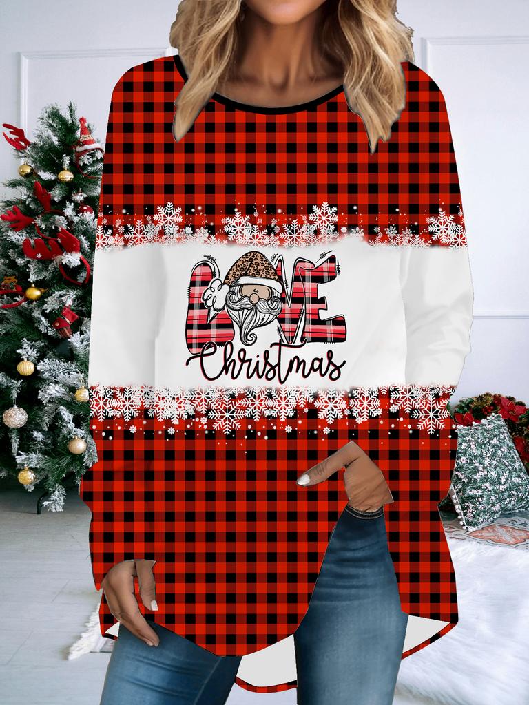 Plus Size Women Spring Christmas Printed Comfy Long Sleeve Round Collar T-shirt Casual Baggy Mid Length Tee Tops