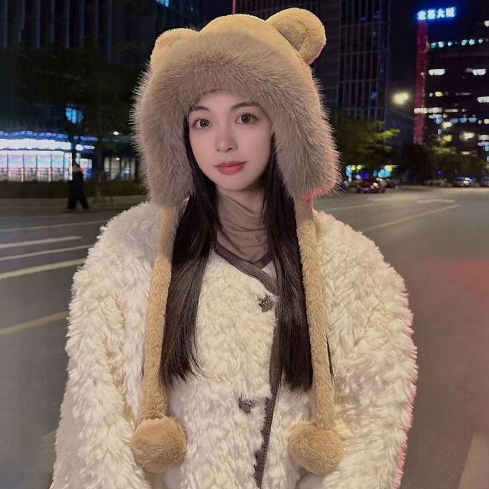 Velvet Lining Winter Hat Cute Bear Ears Bucket Hat Cold-proof Windproof Hat Women