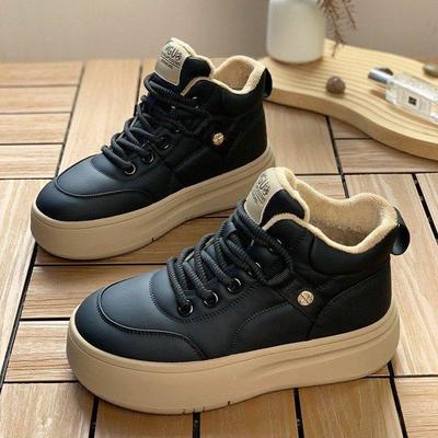 Женские кожаные кроссовки с высоким верхом: 2025 Осень/Зима Теплые повседневные туфли на толстой подошве с плюшевой подкладкой