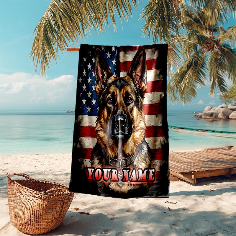 1PC Custom Name American Flag German Shepherd Beach Towel Highly Absorbent And Sand-Resistant Towel for Swimming, Pool, Yoga, And Travel Lightweight