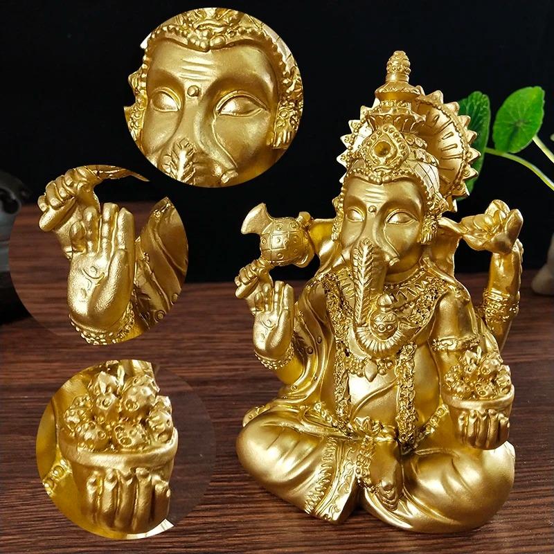 Gold Lord Ganesha Statue Sculpture Big Resin Ornaments Hindu Elephant God Buddha Statues Figurine Home Decoration Lucky Gifts