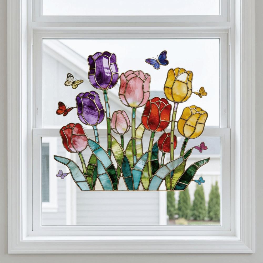 Removable Tulip Window Decals Waterproof Tulip Butterfly Wallpaper Tulip Glass Stickers Doors
