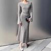 [] Ленивое высококлассное серое платье с вязаными рукавами-фонариками, женское осеннее приталенное пальто с длинным платьем внутри