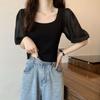 Женский летний свитер с короткими рукавами и французским квадратным вырезом, корейская версия, облегающий и утягивающий короткий топ