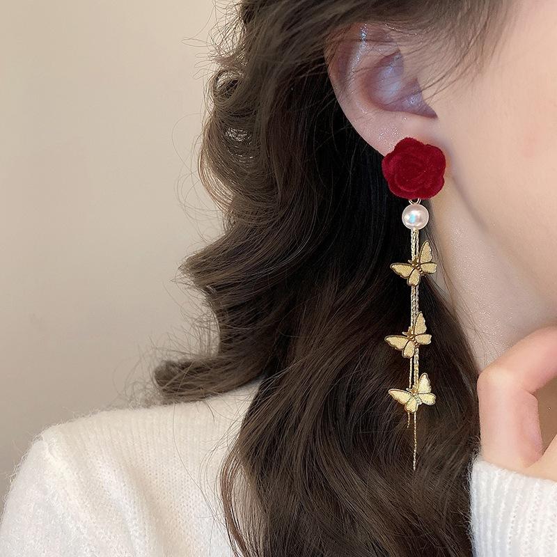 New red flower long butterfly fringed earrings female, silver needle light luxury temperament earrings earrings
