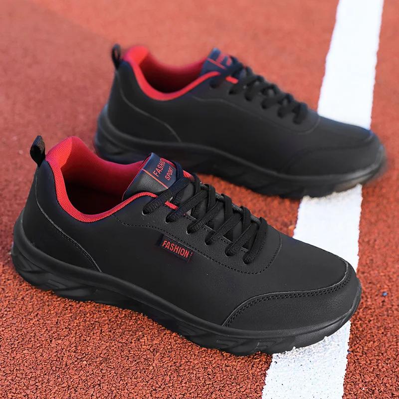Men's Running Shoes Black PU Upper Flat and Comfortable Walking Shoes Lightweight and Wide Footed Casual Sports Leather Shoes