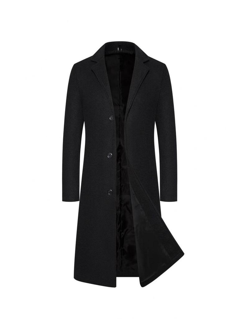 Men's Mid-Length Woolen Coat: Solid Color Single-Breasted Trench for Autumn/Winter