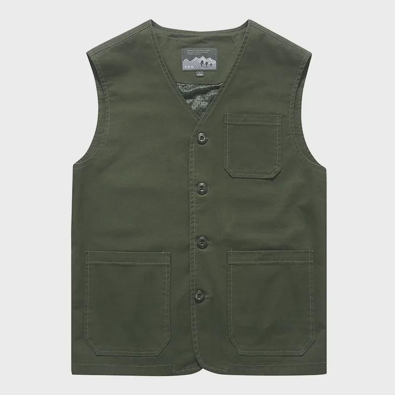 Extra Large Collarless Cotton Vest with Multiple Pockets for Spring/Autumn Outdoor Workwear