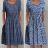 Женское платье-туника с цветочным принтом, короткими рукавами, круглым вырезом, плиссированным миди-платьем с карманами, летнее бохо-расклешенное платье-сарафан