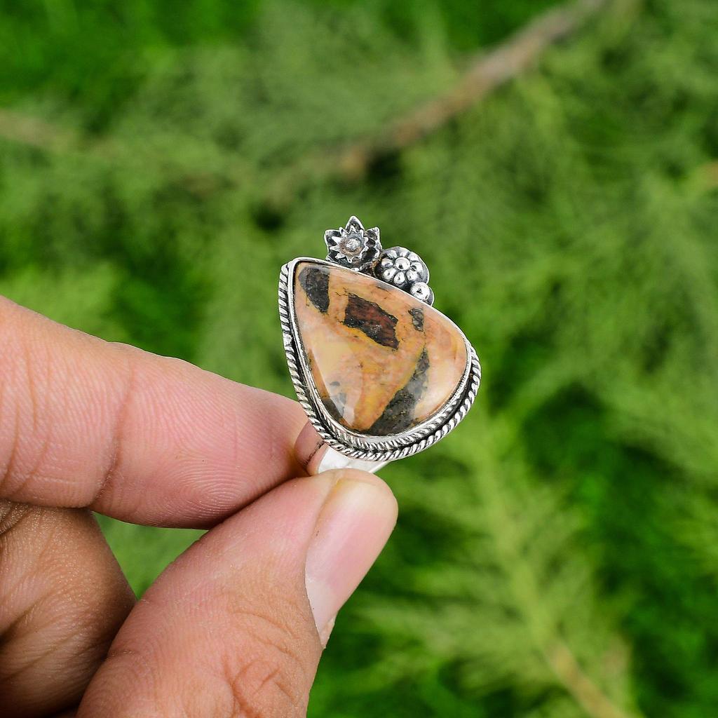 Gift For Her Natural Bauxite Stackable Flower Adjustable Ring 925 Silver