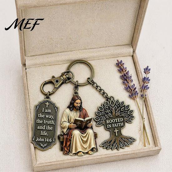 3-In-1 Keychain Jesus Reading Keychain, Vintage Man Tree of Life Scripture Baptismal Car Key Ring Handbag Charm, Gift for Christian Charm