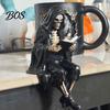 Skeleton Desktop Decor Halloween Reading Book Figurine, Spooky Devil Resin Sculpture, Gothic Ornament Black Robe Grim Reaper Statue for Home