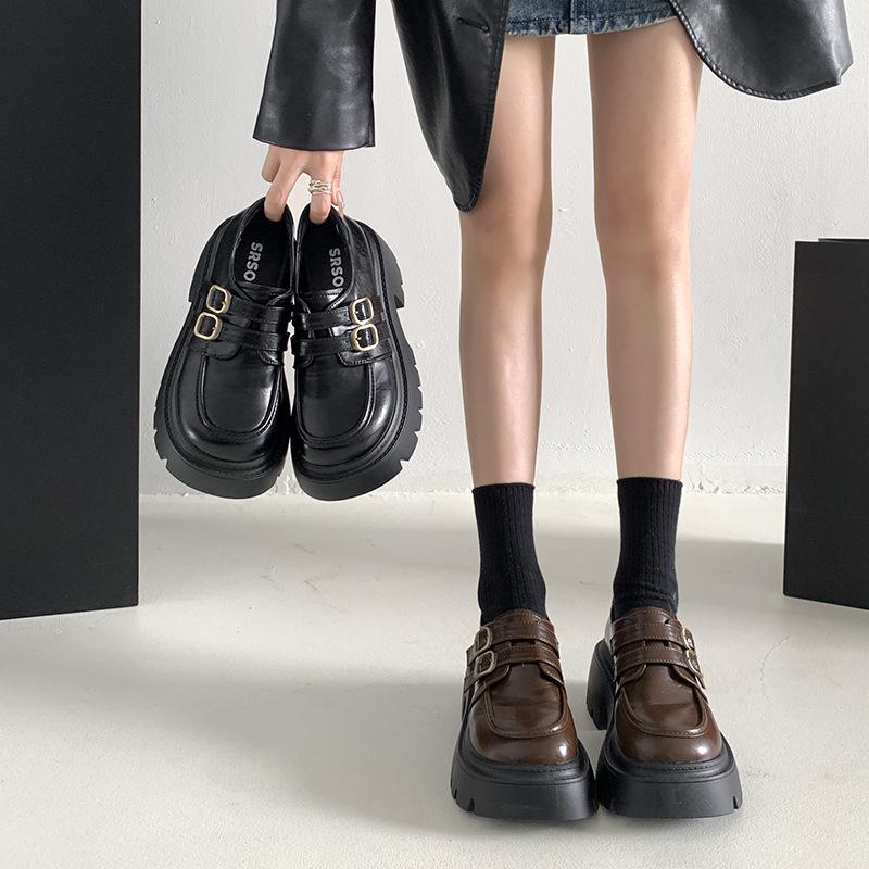 Французские туфли в стиле ретро с круглым носком на толстом каблуке и платформе, женские кожаные туфли 2025 года, новые осенние универсальные туфли с юбкой, увеличивающие рост