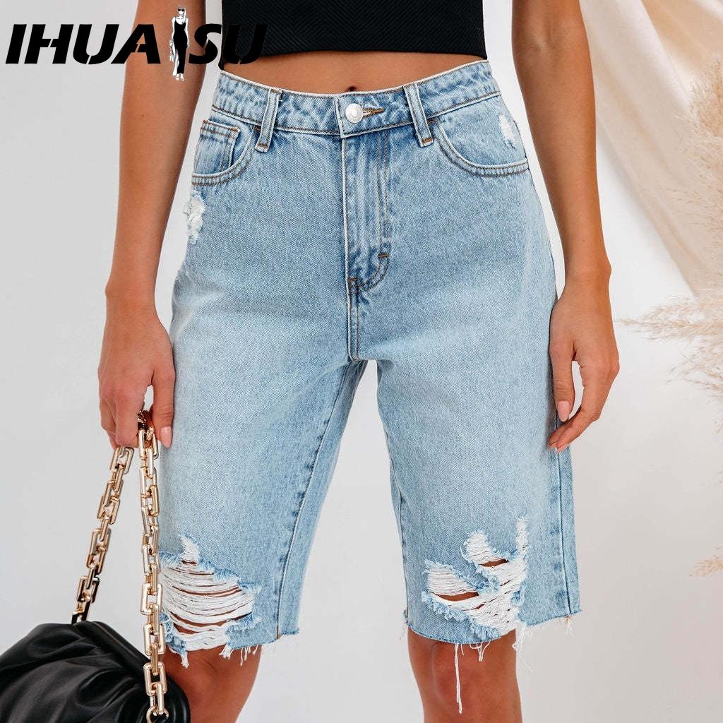 IHUASU Летние городские повседневные женские джинсовые брюки прямого покроя с рваными краями