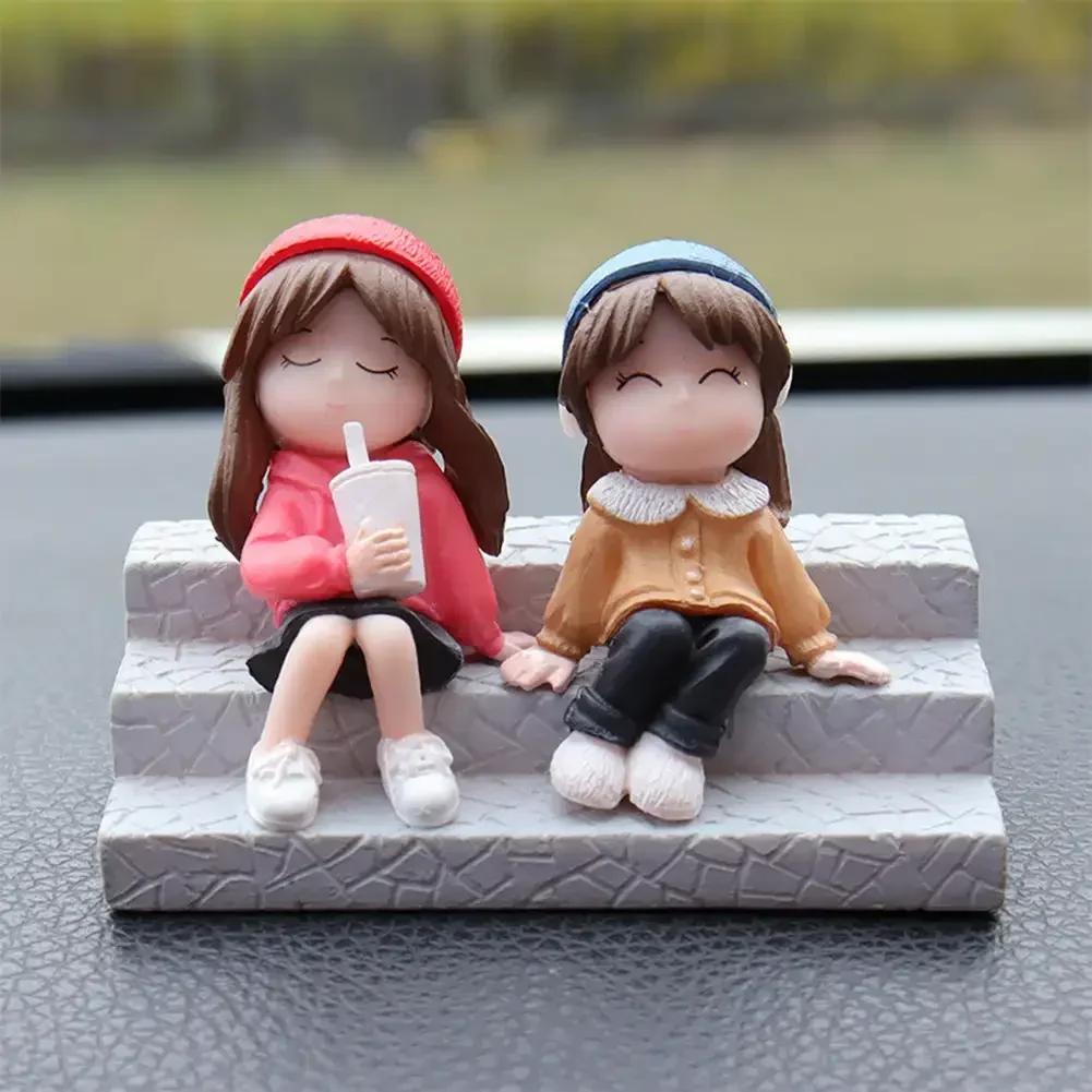 Anime Sisters For Car Ornament Model Cute Sitting Girls Figure Auto Interior Decoration Pink Dashboard Figurine Accessories Gift