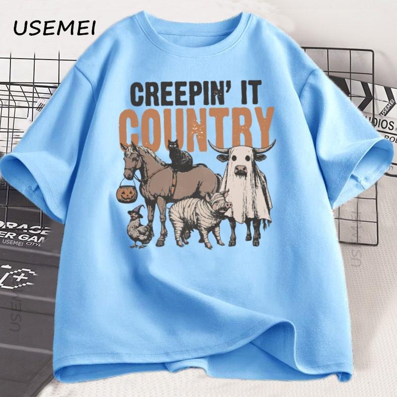 Country Halloween Funny Western Tshirt Graphic Tees Unisex Women Cotton Short Sleeve Tshirt Vintage Farm Animals T Shirt